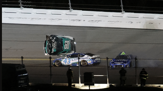 Feb 16, 2025; Daytona Beach, Florida, USA; NASCAR Cup Series driver Ryan Preece (60) gets airborne after a wreck during the Daytona 500 at Daytona International Speedway. Mandatory Credit: Mark J. Rebilas-Imagn Images