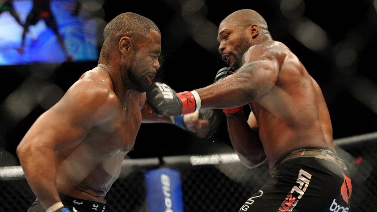 Quinton Rampage Jackson of the United States battles Rashad Evans of the United States during their Light Heavyweight bout at UFC 114