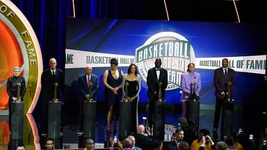 Class of 2024 inductees and their representatives share the stage at the conclusion of the Naismith Memorial Basketball Hall of Fame Enshrinement at Symphony Hall Springfield.