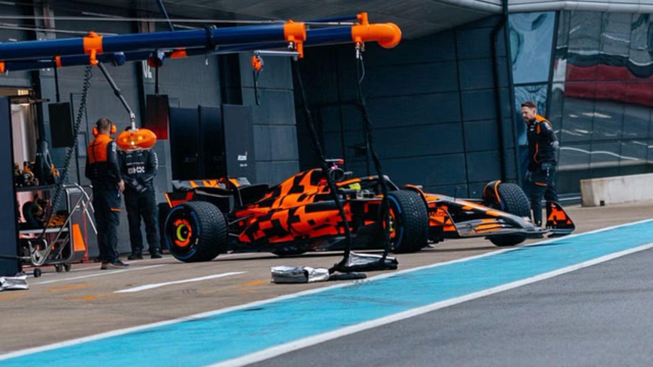 McLaren’s 2025 car MCL39 heading out of the pits at Silverstone