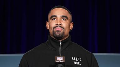 Philadelphia Eagles quarterback Jalen Hurts (1) speaks at the Super Bowl LIX Winning Head Coach and Most Valuable Player press conference at the Ernest N. Morial Convention Center.