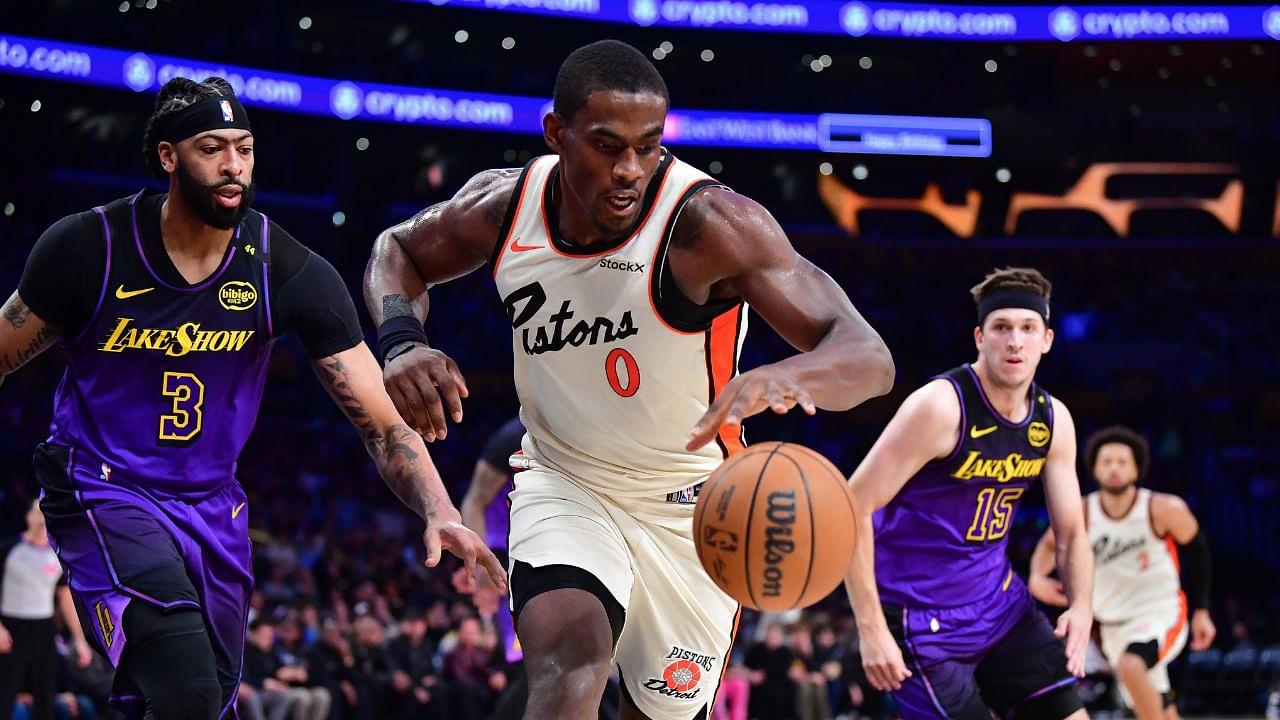 Detroit Pistons center Jalen Duren (0) moves in for the ball ahead of Los Angeles Lakers forward Anthony Davis (3) during the first half at Crypto.com Arena