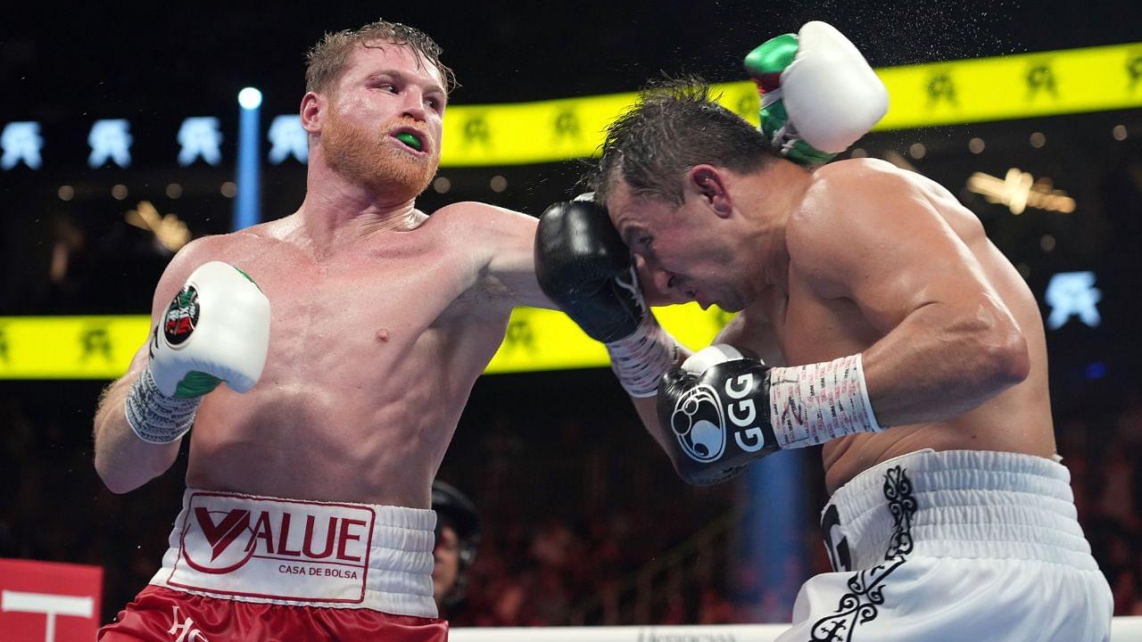 Canelo Alvarez (red trunks) and Gennadiy Golovkin (white trunks) box during a super middleweight championship bout at T-Mobile Arena.