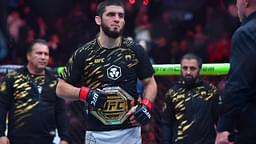 Islam Makhachev (red gloves) reacts after defeating Renato Moicano (not pictured) in a lightweight title fight during UFC 311 at Intuit Dome.