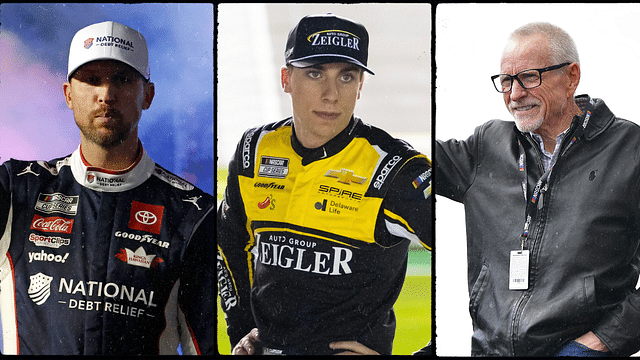 Denny Hamlin (L), Carson Hocevar (C) and Mark Martin (R).