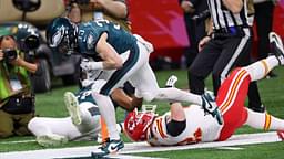 Philadelphia Eagles cornerback Cooper DeJean (33) scores a touchdown after making an interception against the Kansas City Chiefs during the first half of Super Bowl LIX at Caesars Superdome.