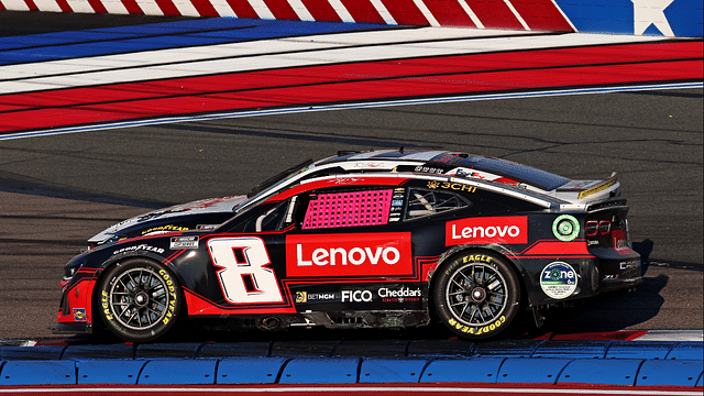 Oct 13, 2024; Concord, North Carolina, USA; NASCAR Cup Series driver Kyle Busch (8) and NASCAR Cup Series driver Denny Hamlin (11) during the Bank of America ROVAL 400 at Charlotte Motor Speedway Road Course. Mandatory Credit: Peter Casey-Imagn Images