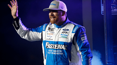 Feb 13, 2025; Daytona Beach, Florida, USA; NASCAR Cup Series driver Chris Buescher (17) during driver introductions for the Duels at Daytona International Speedway. Mandatory Credit: Peter Casey-Imagn Images