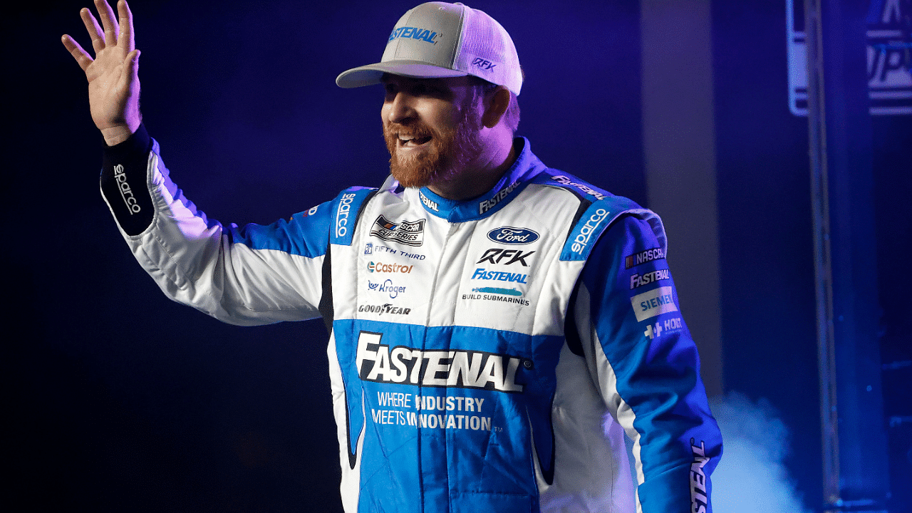 Feb 13, 2025; Daytona Beach, Florida, USA; NASCAR Cup Series driver Chris Buescher (17) during driver introductions for the Duels at Daytona International Speedway. Mandatory Credit: Peter Casey-Imagn Images