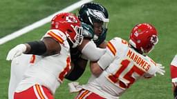 Feb 9, 2025; New Orleans, LA, USA; Kansas City Chiefs quarterback Patrick Mahomes (15) is sacked by Philadelphia Eagles defensive tackle Jalen Carter (98) and defensive tackle Milton Williams (93) during the fourth quarter in Super Bowl LIX at Caesars Superdome.