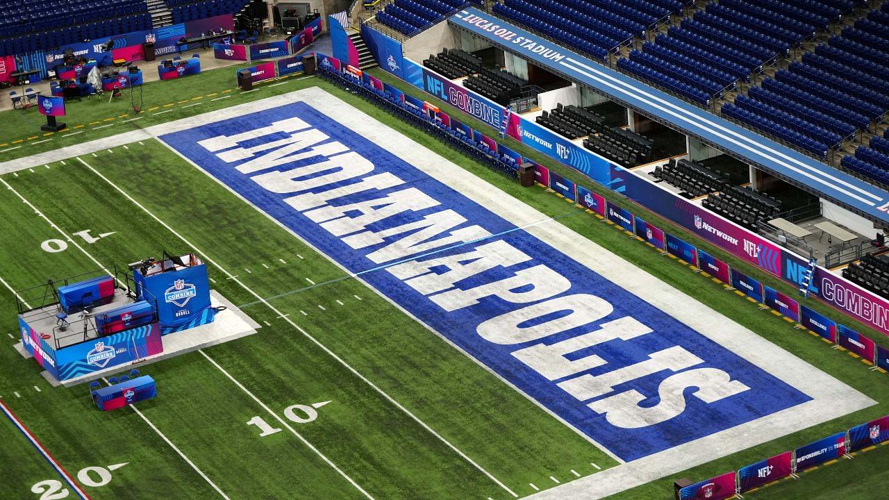 Indianapolis, IN, USA; The Indianapolis Colts logo in the end zone at Lucas Oil Stadium.