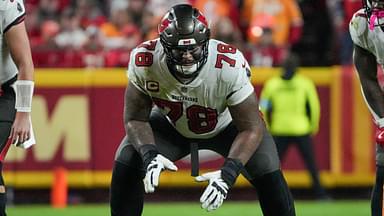 Nov 4, 2024; Kansas City, Missouri, USA; Tampa Bay Buccaneers offensive tackle Tristan Wirfs (78) at the line of scrimmage against the Kansas City Chiefsduring the game at GEHA Field at Arrowhead Stadium.