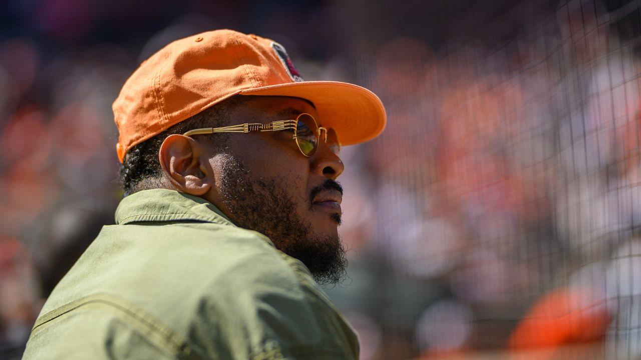 Former professional basketball player Carmelo Anthony attends a game between the Baltimore Orioles and the Tampa Bay Rays at Oriole Park at Camden Yards.