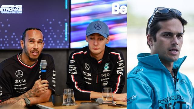 Lewis Hamilton, George Russell (L) and Nelson Piquet Jr. (R)