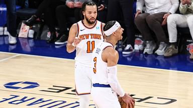 New York Knicks guard Josh Hart (3) celebrates with guard Jalen Brunson (11) in the fourth quarter against the Philadelphia 76ers in game one of the first round for the 2024 NBA playoffs at Madison Square Garden