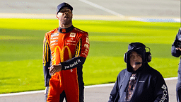 Feb 14, 2024; Daytona Beach, Florida, USA; NASCAR Cup Series driver Bubba Wallace (left) with crew chief Bootie Barker during qualifying for the Daytona 500 at Daytona International Speedway. Mandatory Credit: Mark J. Rebilas-Imagn Images