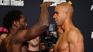 Jared Cannonier and Gregory Rodrigues face-off following the official weigh-ins at Palace Station Hotel & Casino for UFC Fight Night - Cannonier vs Rodrigues on February 14, 2025 in Las Vegas, NV, United States.