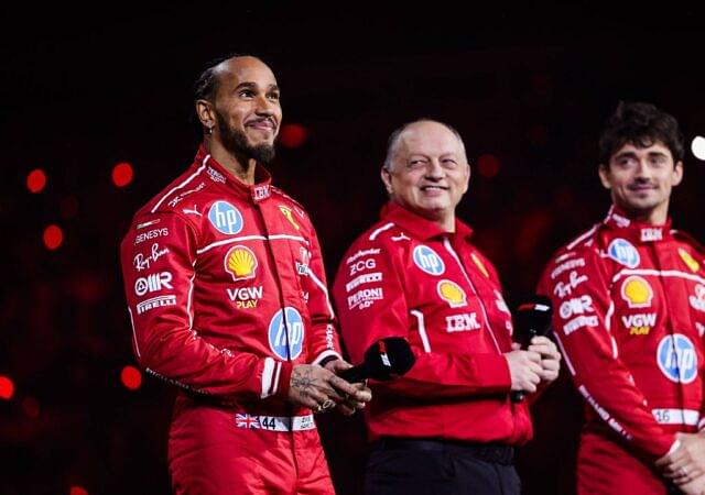 Scuderia Ferrari SF-25 livery reveal with HAMILTON Lewis (gbr), Scuderia Ferrari SF-25, VASSEUR Frederic (fra), Team Principal & General Manager of the Scuderia Ferrari, LECLERC Charles (mco), Scuderia Ferrari, portrait, during the F1 75 Live at The O2, F1 2025 season Launch event