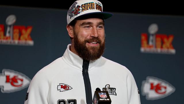 Kansas City Chiefs tight end Travis Kelce (87) during a press conference in advance of Super Bowl LIX at New Orleans Marriott.