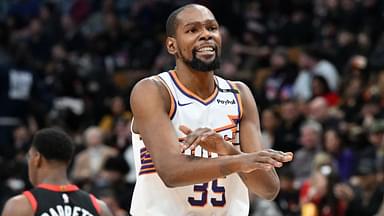 Phoenix Suns forward Kevin Durant (35) gestures to the referee for a foul call against the Toronto Raptors in the second half at Scotiabank Arena.