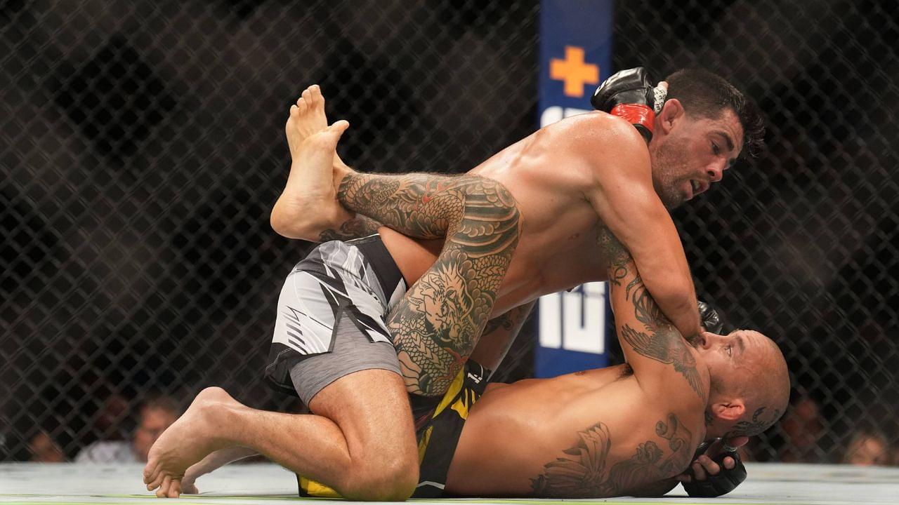 Dominic Cruz (top) controls the body of Marlon Vera in their Bantamweight bout during the UFC Fight Night: Vera v Cruz event at Pechanga Arena on August 13, 2022, in San Diego, California, United States. San Diego, California United States -