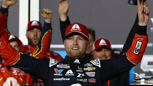 NASCAR Cup Series driver William Byron (24) reacts in victory lane after winning the Daytona 500 at Daytona International Speedway.