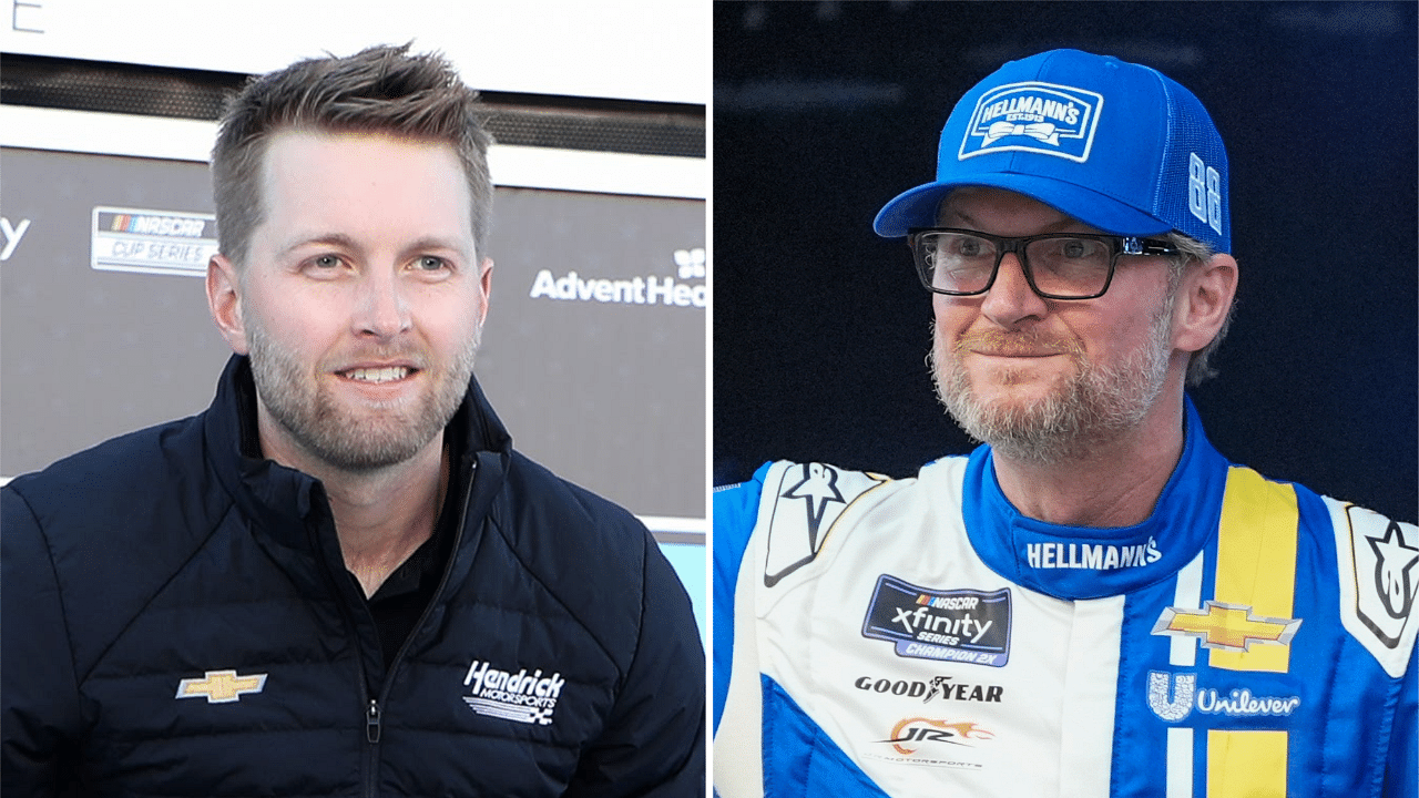 (L-R) NASCAR Cup Series driver William Byron and former driver turned broadcaster & Xfinity team owner Dale Earnhardt Jr.