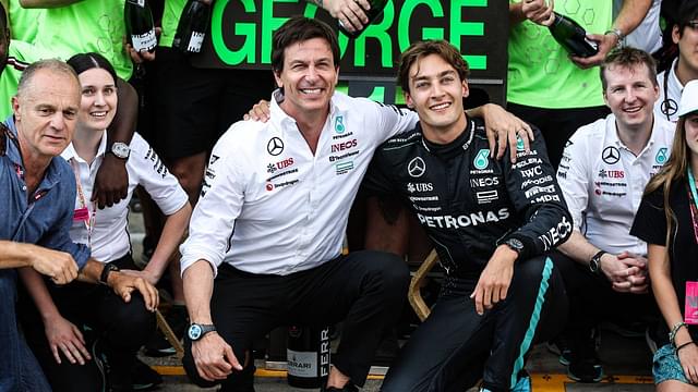 RUSSELL George (gbr), Mercedes AMG F1 Team W15, portrait WOLFF Toto (aut), Team Principal & CEO of Mercedes AMG F1 Team, portrait celebration mechanic, mecanicien, mechanics during the Formula 1 Qatar Airways Austrian Grand Prix 2024, 11th round of the 2024 Formula One World Championship, WM, Weltmeisterschaft from June 28 to 30, 2024 on the Red Bull Ring, in Spielberg, Austria