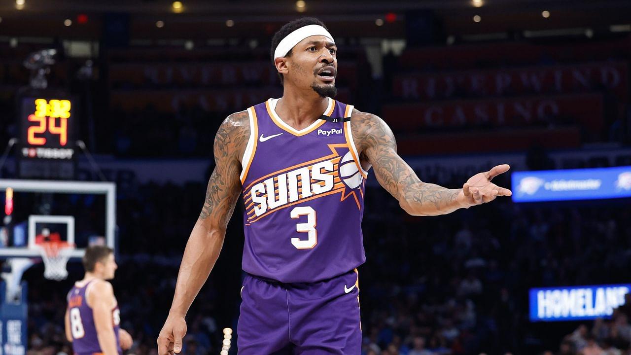 Phoenix Suns guard Bradley Beal (3) reacts to an officials play during the second half of a game against the Oklahoma City Thunder at Paycom Center.