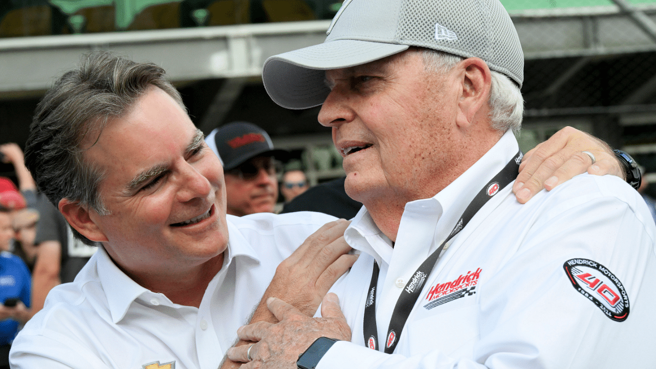 Jeff Gordon celebrates with Rick Hendrick their driver Kyle Larson (5) won the Brickyard 400, Sunday, July 21, 2024, at Indianapolis Motor Speedway.