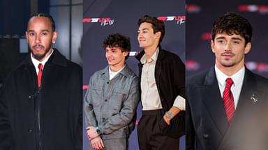 Lewis Hamilton (L), Kimi Antonelli and George Russell (M), Charles Leclerc (R)