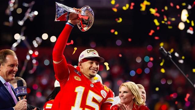 Kansas City Chiefs quarterback Patrick Mahomes (15) celebrates with the Vince Lombardi Trophy after defeating the San Francisco 49ers in overtime of Super Bowl LVIII at Allegiant Stadium.