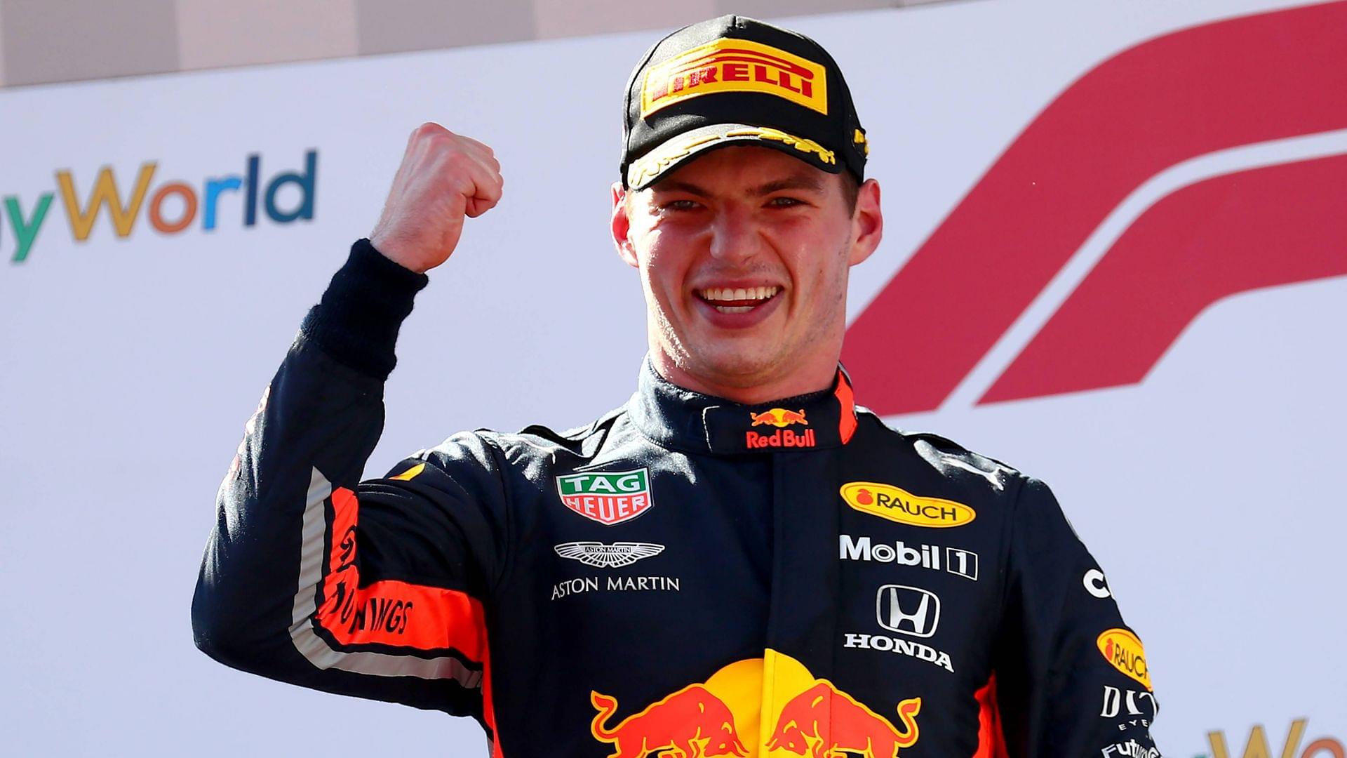 33 Max Verstappen Aston Martin Red Bull Racing Honda. celebrates Austrian Grand Prix 2019 Spielberg.