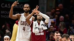 Cleveland Cavaliers forward Evan Mobley (4) and guard Darius Garland (10) celebrate after guard Sam Merrill (not pictured) hit a three point basket during the second half against the Dallas Mavericks at Rocket Mortgage FieldHouse