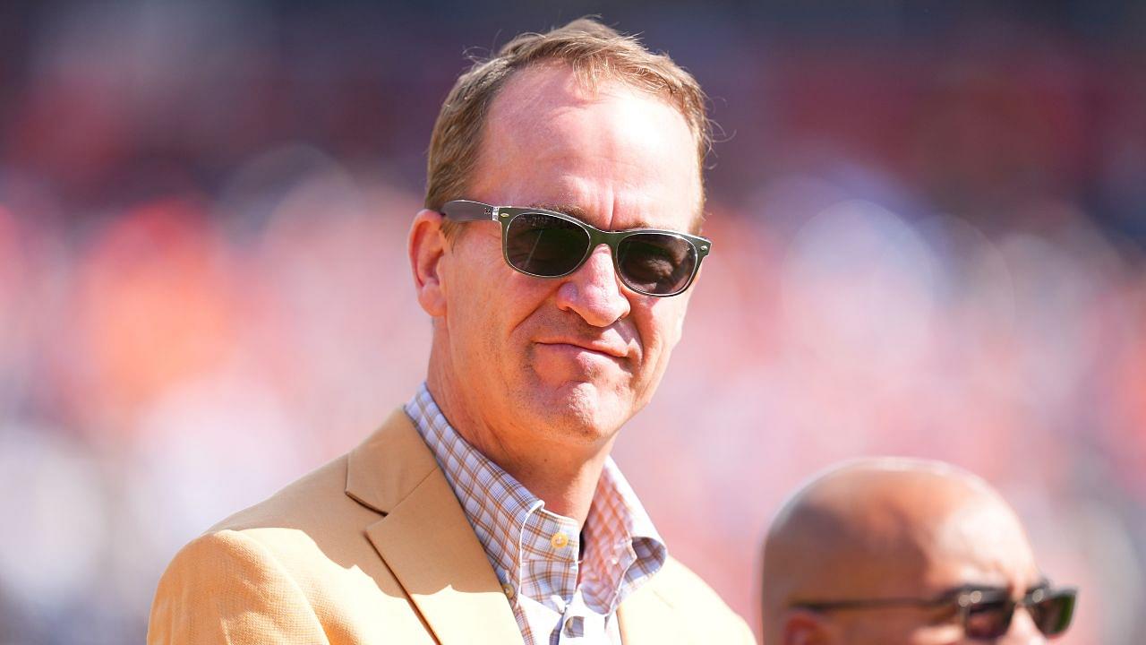 American former football player Peyton Manning before the game against the Las Vegas Raiders at Empower Field at Mile High.