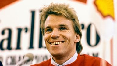 ARKIV 1987-02-18 Den svenske racerföraren Stefan Lill-Lövis Johansson meddelar att han börjar köra för f1 stallet McLaren vid en presskoferens 18:e februari