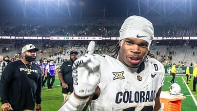 CU football standout athlete Travis Hunter flashes a No. 1 with his finger after a win against CSU in the Rocky Mountain Showdown at Canvas Stadium on Saturday, Sept. 14, 2024, in Fort Collins, Colo.