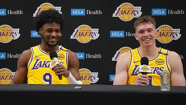 Los Angeles Lakers guard Bronny James (9) and forward Dalton Knecht (4) during media day at the UCLA Health Training Center.