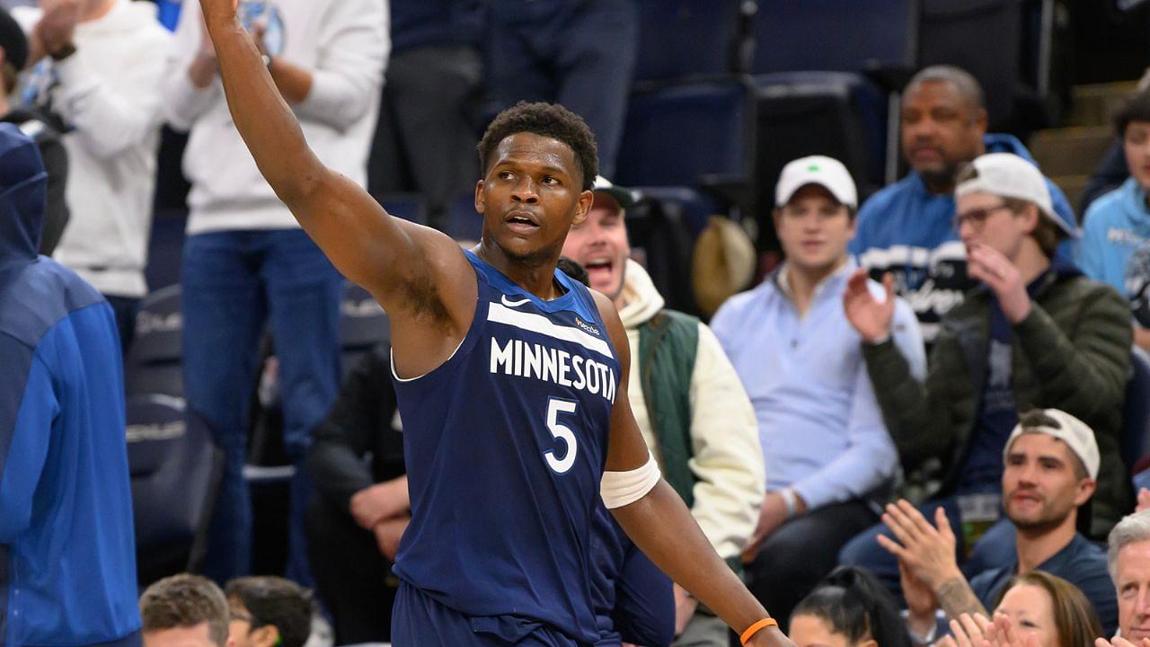 Minnesota Timberwolves guard Anthony Edwards (5) acknowledges the crowd after he is taken out against the Chicago Bulls with a game high 49-points during the fourth quarter at Target Center.