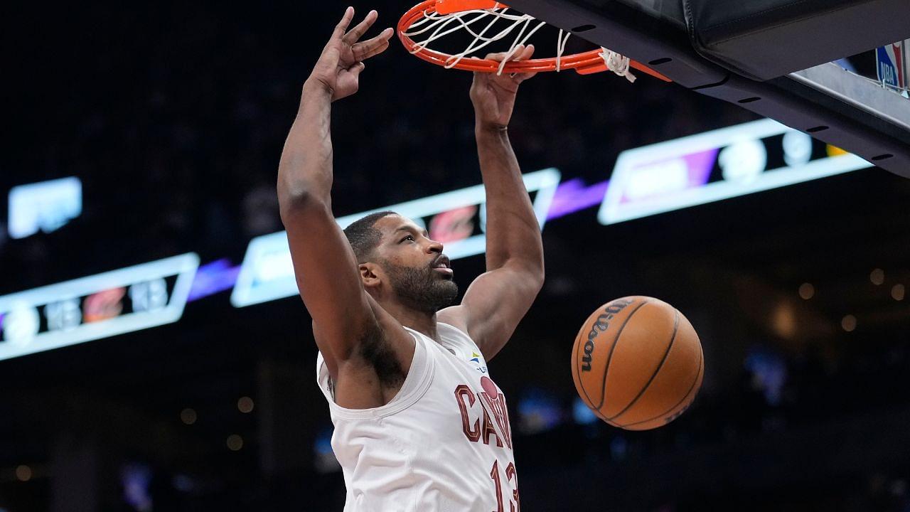 Cleveland Cavaliers center Tristan Thompson (13) dunks the ball against the Toronto Raptors during the second half at Scotiabank Arena