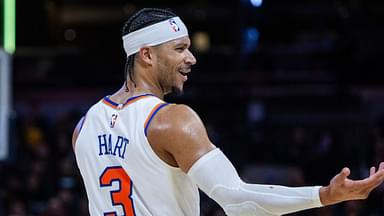 New York Knicks guard Josh Hart (3) talks to fans in the second half against the Indiana Pacers at Gainbridge Fieldhouse.