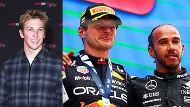 Liam Lawson (L), Max Verstappen and Lewis Hamilton (R)