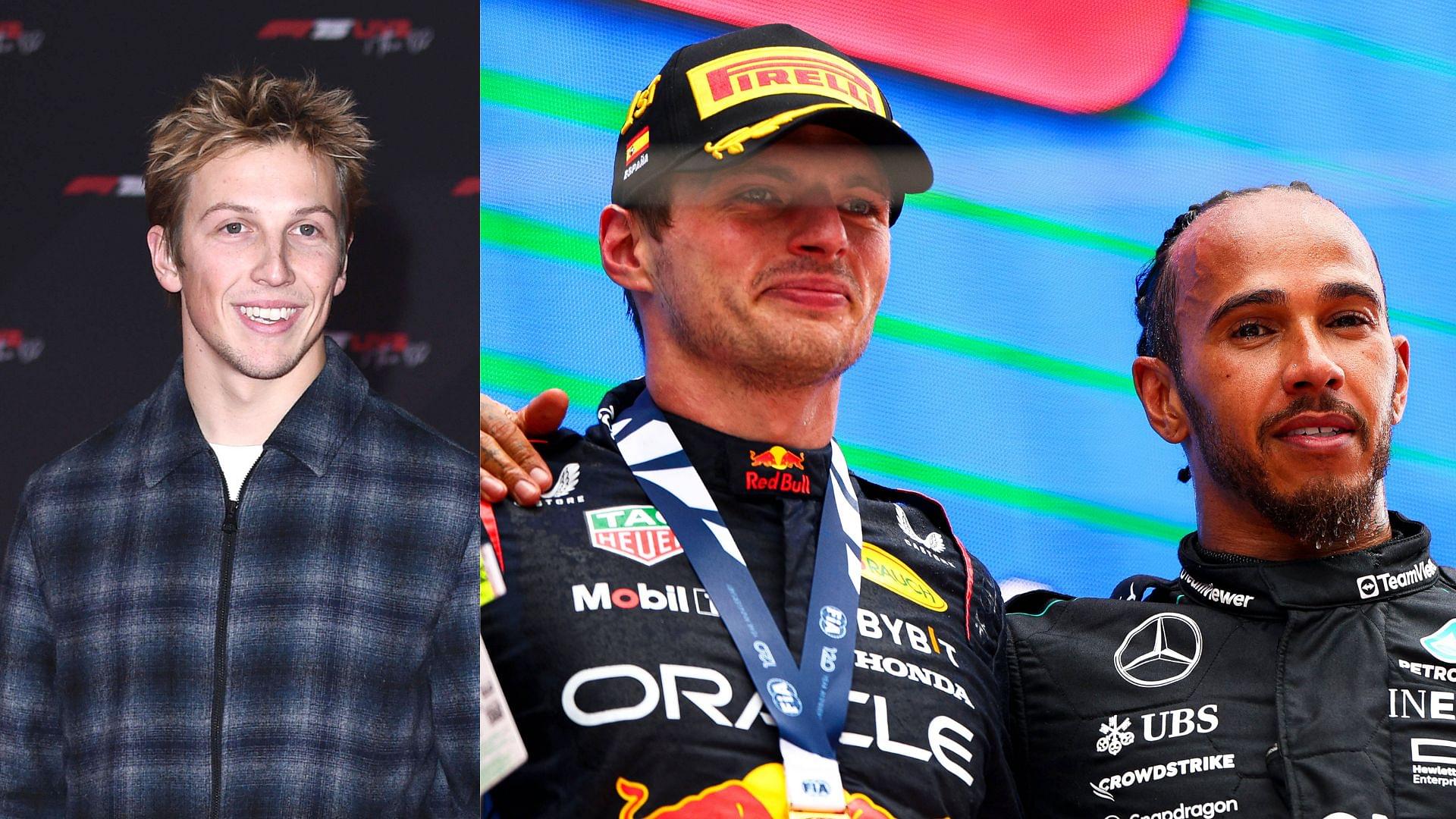 Liam Lawson (L), Max Verstappen and Lewis Hamilton (R)