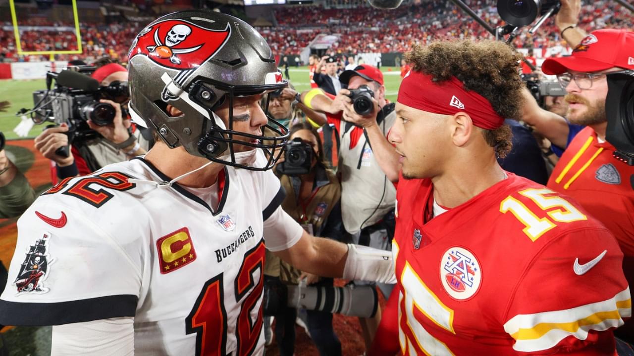 Oct 2, 2022; Tampa, Florida, USA; Tampa Bay Buccaneers quarterback Tom Brady (12) greets Kansas City Chiefs quarterback Patrick Mahomes (15) after a game at Raymond James Stadium.