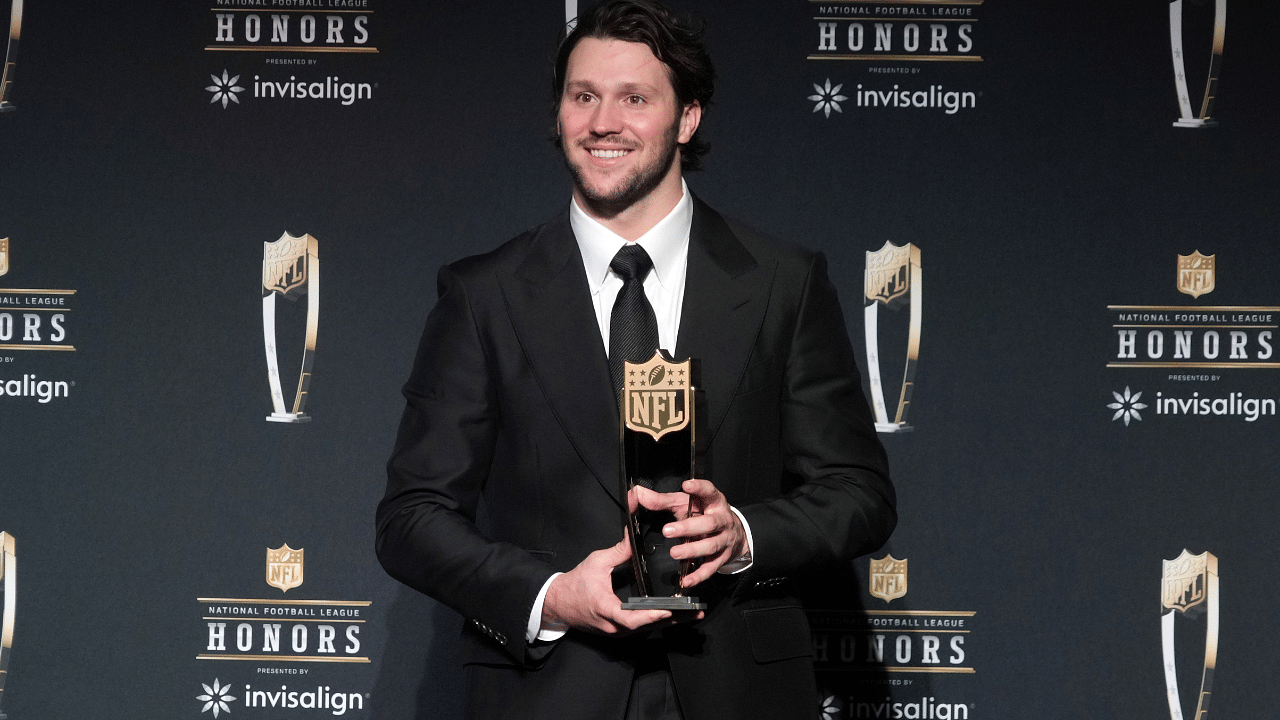 Buffalo Bills quarterback Josh Allen poses wtih the Most Valuable Player award during Super Bowl LIX NFL Honors at Saenger Theatre.