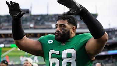 Philadelphia Eagles offensive tackle Jordan Mailata (68) reacts against the Dallas Cowboys at Lincoln Financial Field.