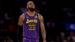 Los Angeles Lakers forward LeBron James (23) reacts during the second quarter against the New York Knicks at Madison Square Garden.