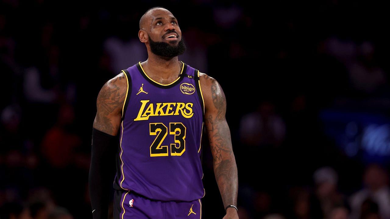 Los Angeles Lakers forward LeBron James (23) reacts during the second quarter against the New York Knicks at Madison Square Garden.