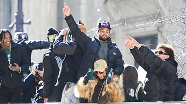 Eagles player, DARIUS SLAY JR and family during the Eagles Championship parade on Broad Street in Philadelphia PA Philadelphia United States