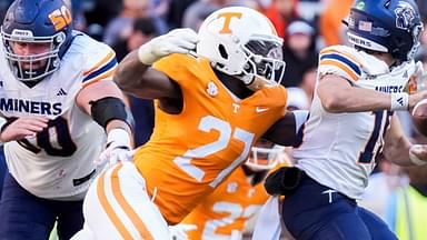 Tennessee defensive lineman James Pearce Jr. sacks UTEP quarterback JP Pickles during a college football game between Tennessee and UTEP at Neyland Stadium in Knoxville, Tenn., on Saturday, Nov. 23, 2024.